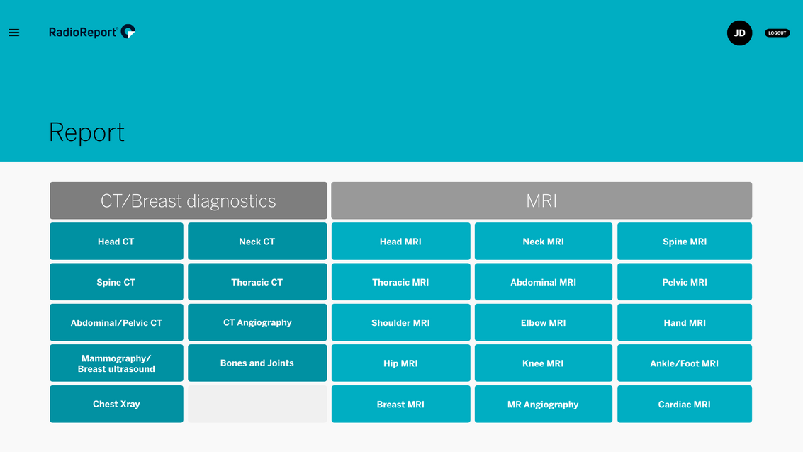 start screen showing 24 modules for CT/MRI examinations as clickable buttons